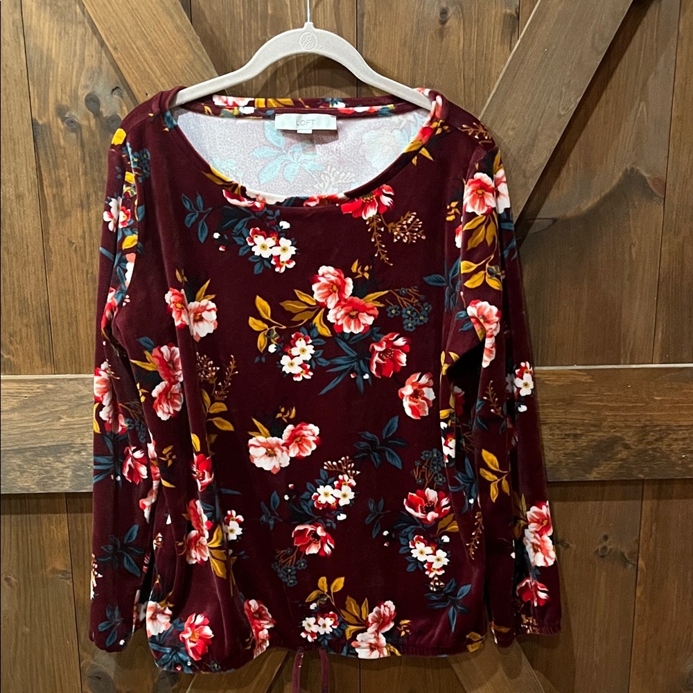 LOFT Burgundy Floral Velvet Blouse